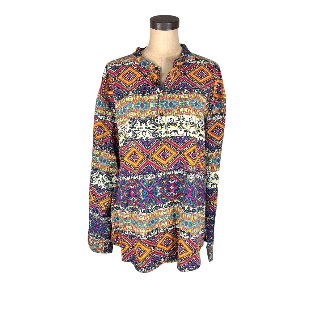 Coofandy Geometric Tribal Print Band Collar Cotton Hemp‎ Shirt Multicolor XXL